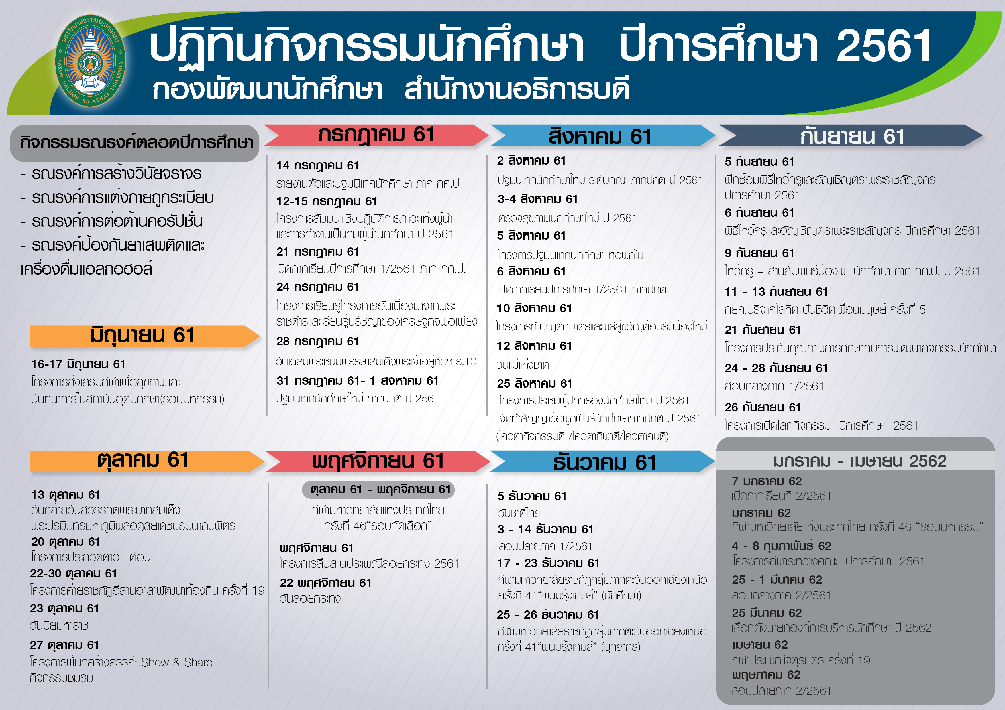 ปฏิทินกิจกรรมนักศึกษา ประจำปีการศึกษา 2561